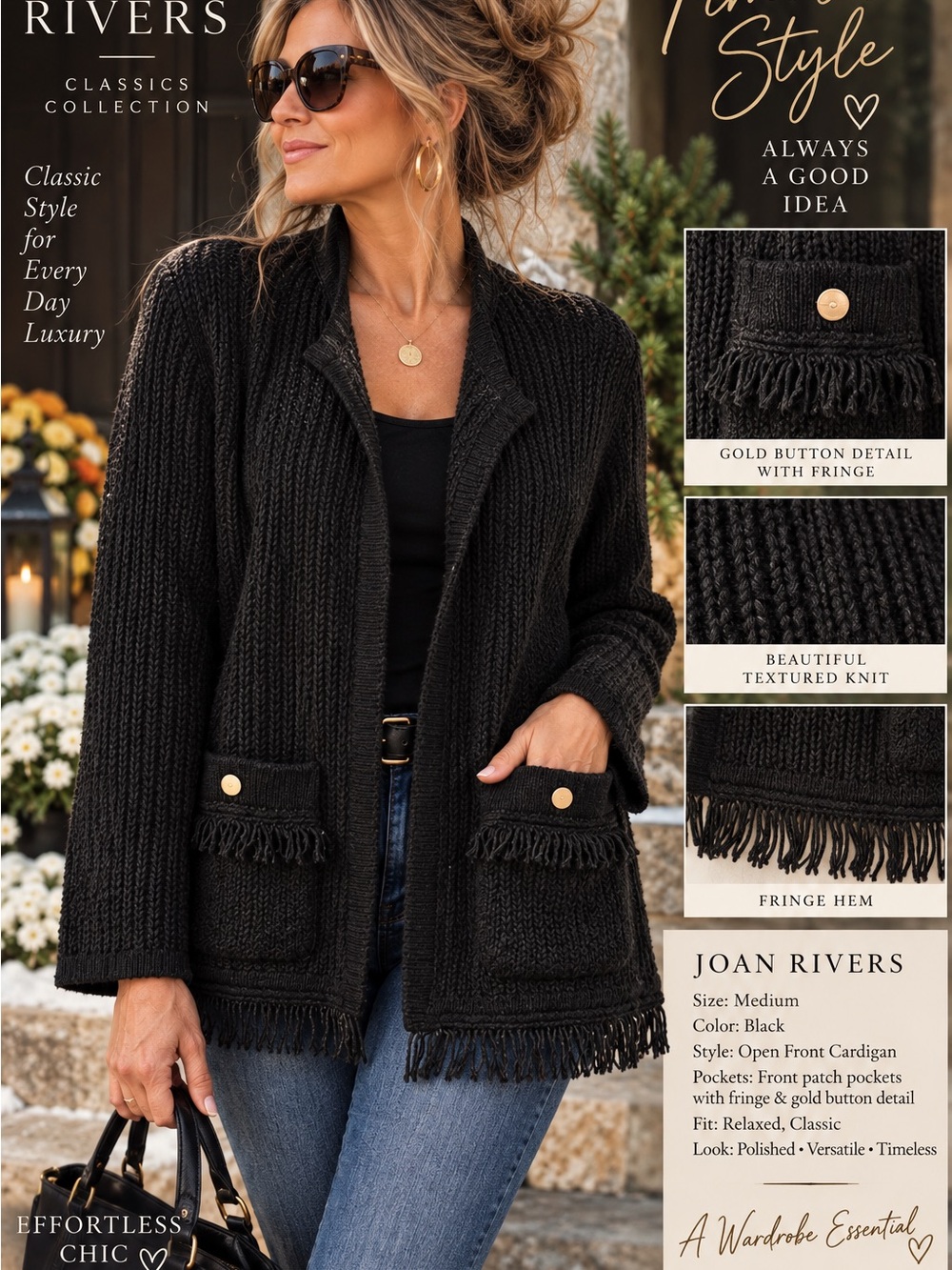 Joan Rivers Black Knit Cardigan Medium Fringe Gold button pockets